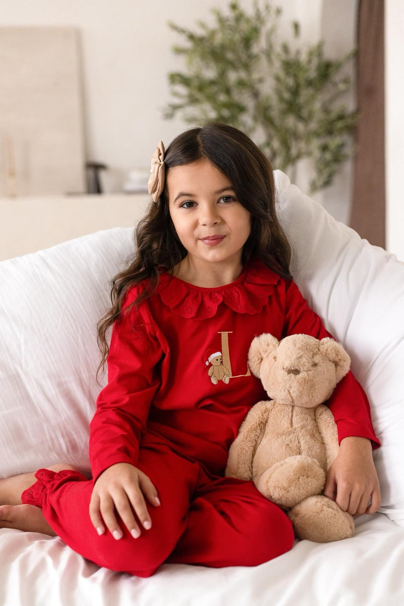 Girls Red Santa Teddy Bear Frill Pyjamas