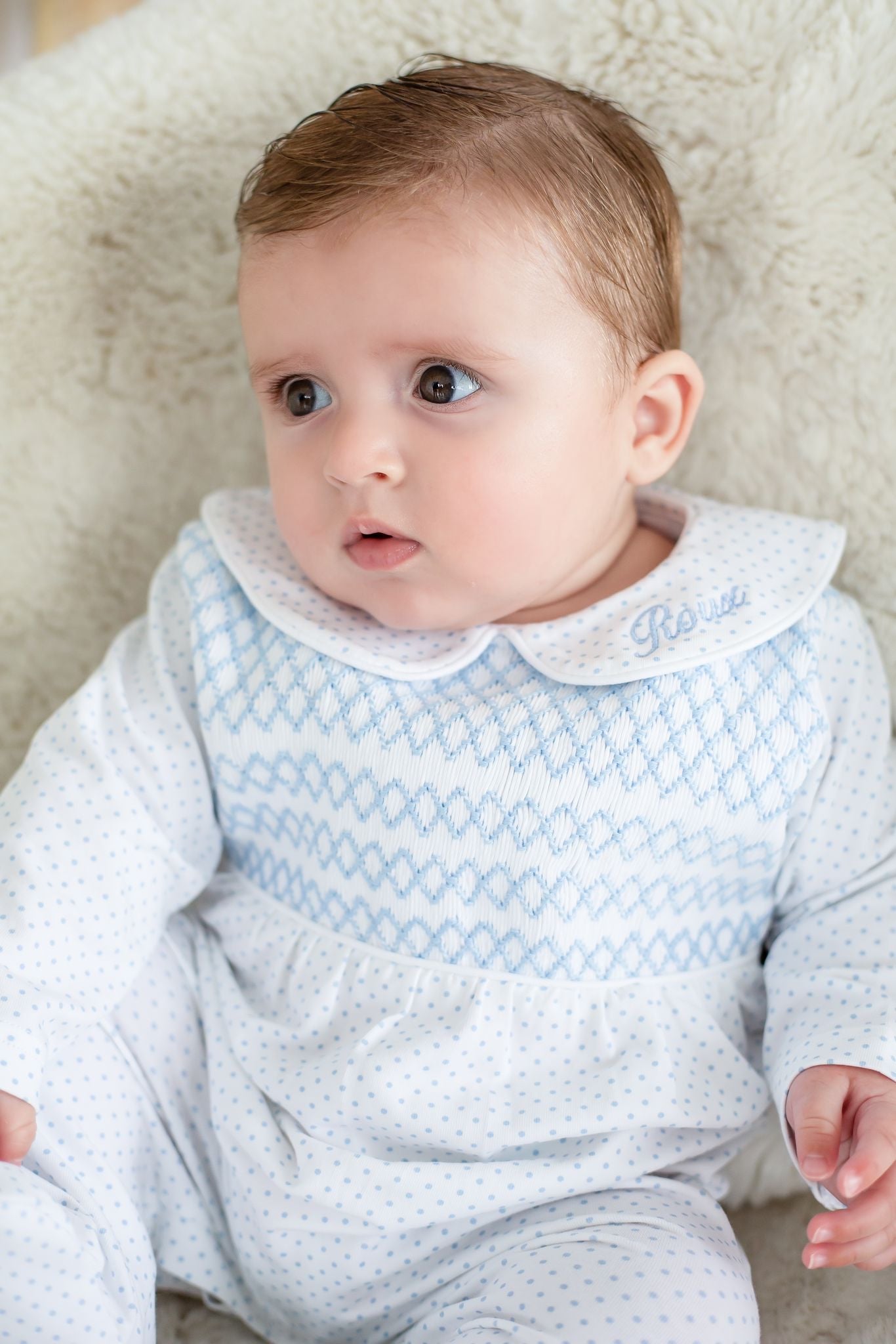 Boys Blue Personalised Swiss Dot Smocked Baby Grow Clark Beau boys-blue-personalised-swiss-dot-smocked-baby-grow-clark-beau